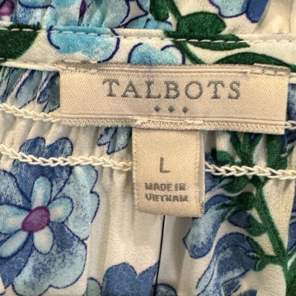 NWT Talbots L Floral Blouse Blue Green Long Sleeve Ruffle Collar Classic Preppy - Picture 5 of 8